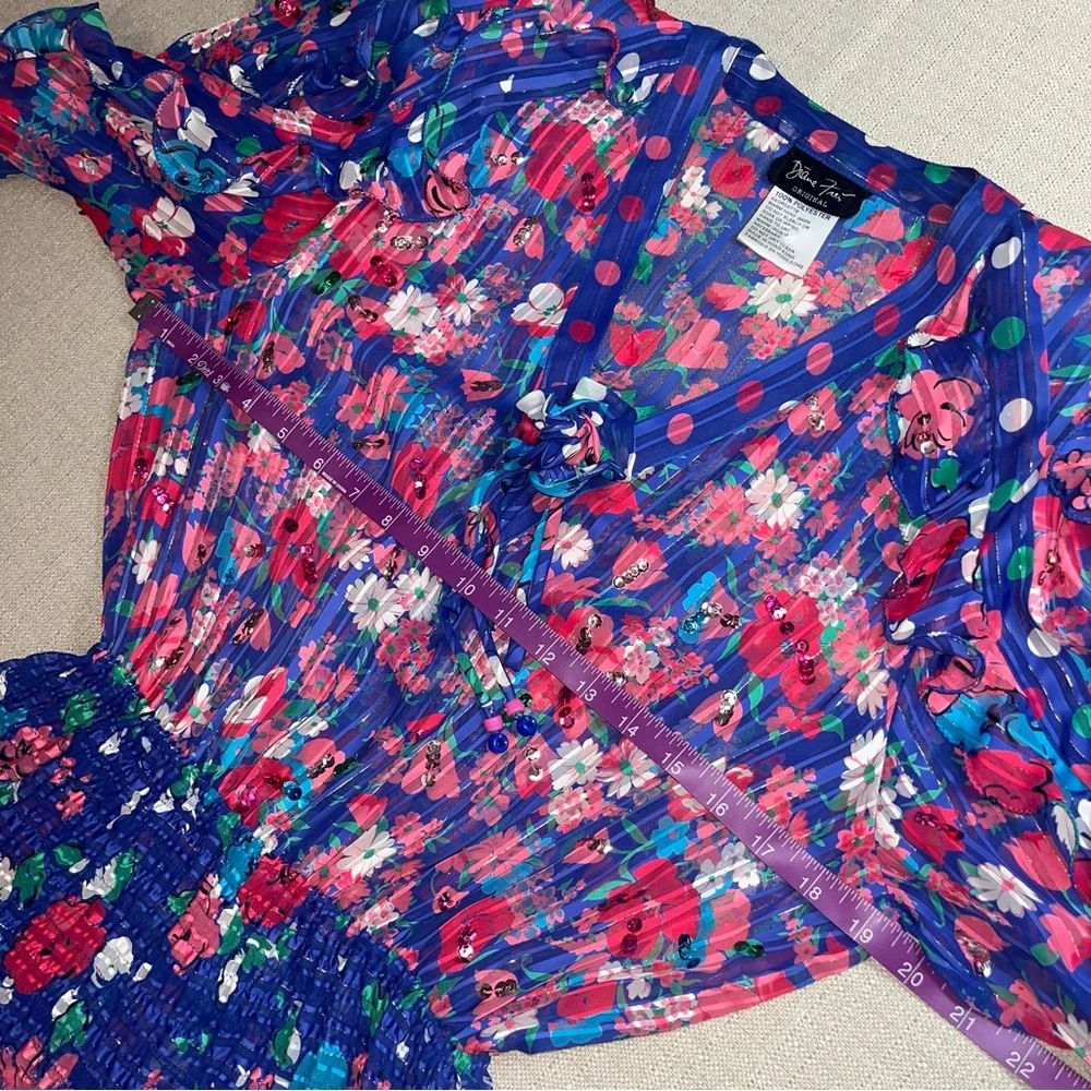 Diane Freis Original Vintage Midi Dress Blue Floral Sequin Boho 80s - Picture 10 of 12